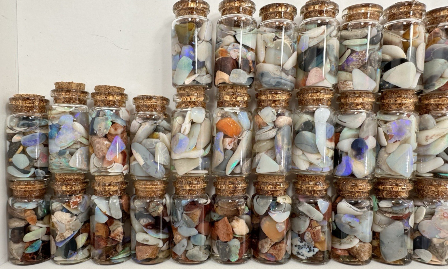 40 ct Premium Australian Coober Pedy Rough/Rubs Opals in Glass Bottles