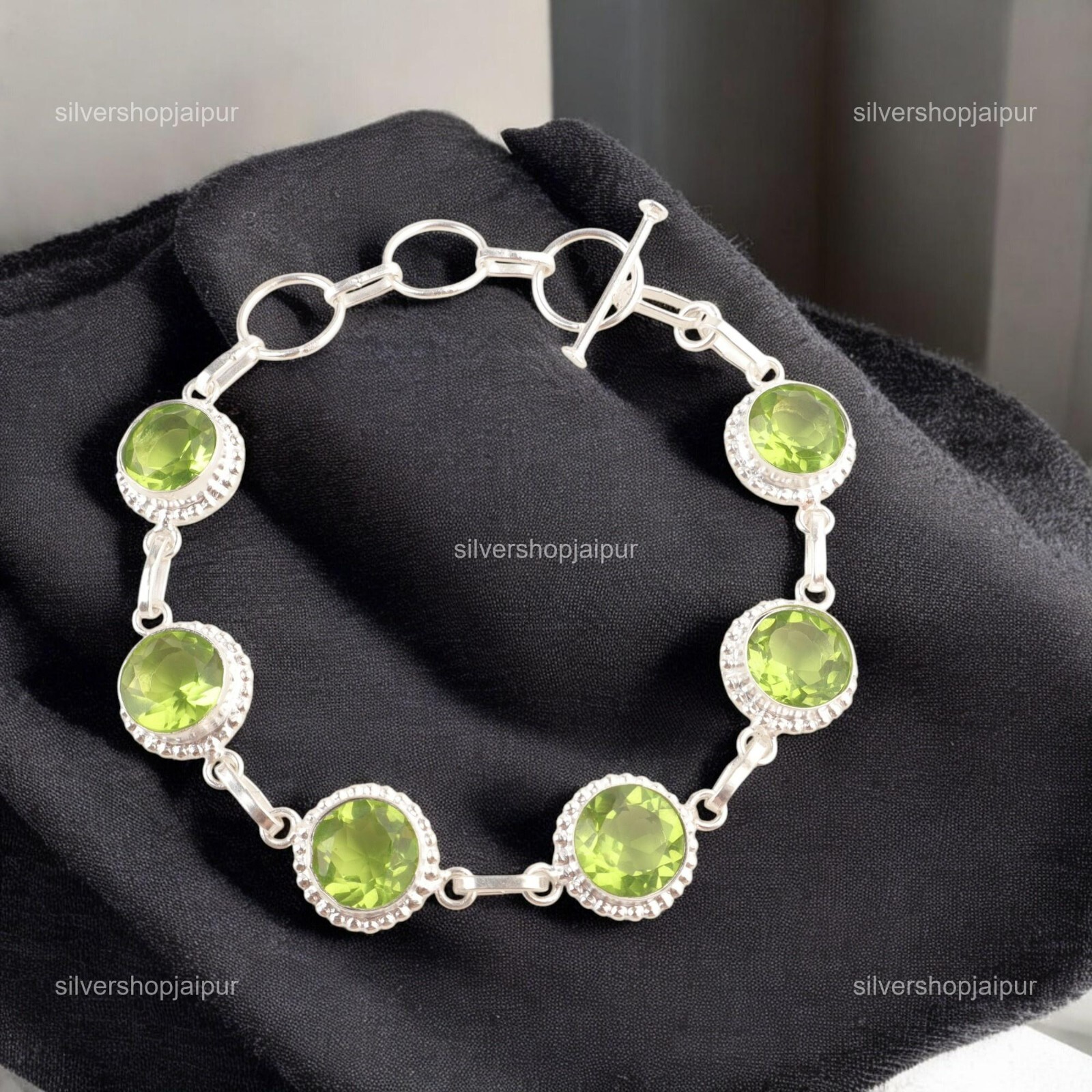 Womens day Deal Oval Cut Peridot Gemstone 925 Silver Chain Handcrafted Bracelet
