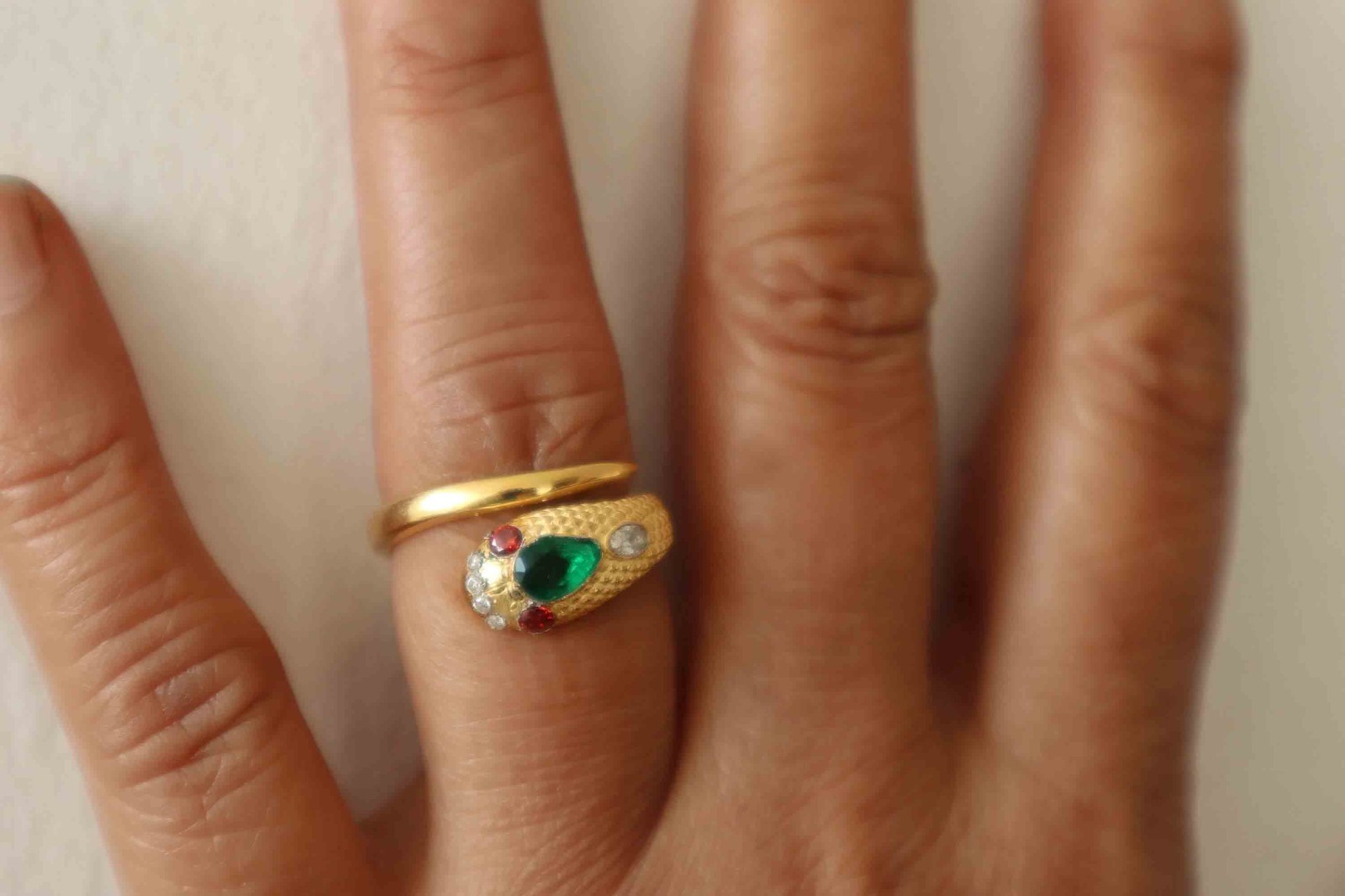 Queen Victoria Gold Vermeil Serpent Snake Ring with Lab Created Sapphire