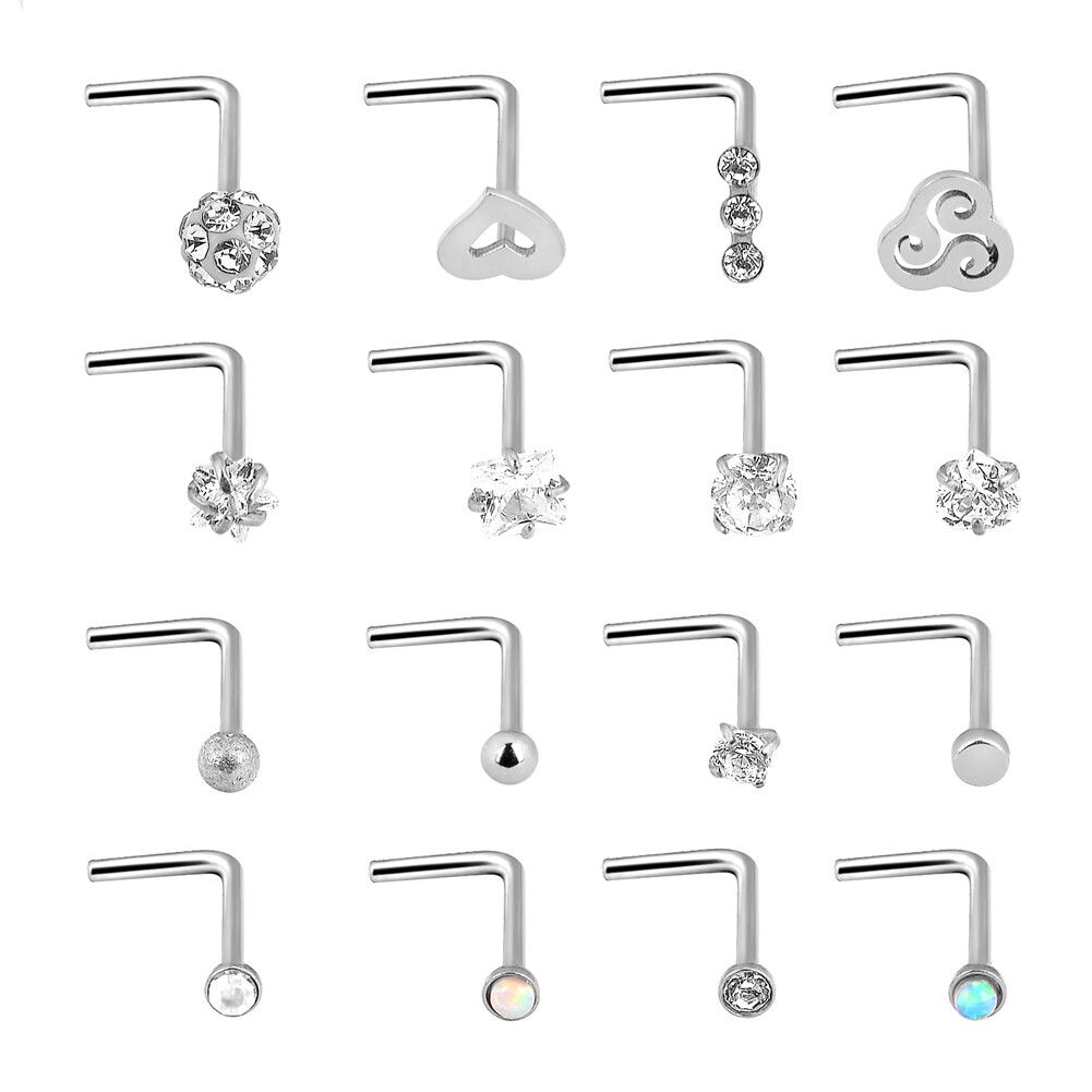 16Pcs Curved Nose Stud Surgical Steel Nose Ring Crystal L Bend Stud Piercing 20G