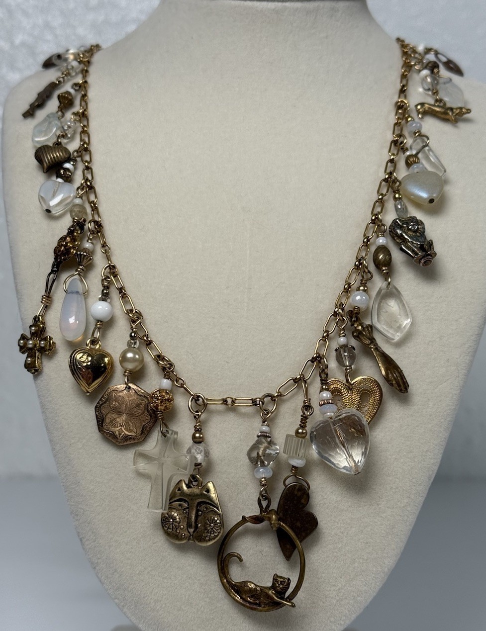 VTG 1/20 14k Gold Filled Charm 21.5” Necklace Cats Hearts Animals Crosses Love