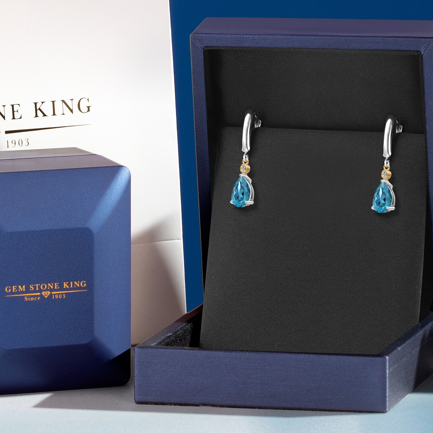 925 Silver and 10K Yellow Gold London Blue Topaz and Lab Grown Diamond Dangle