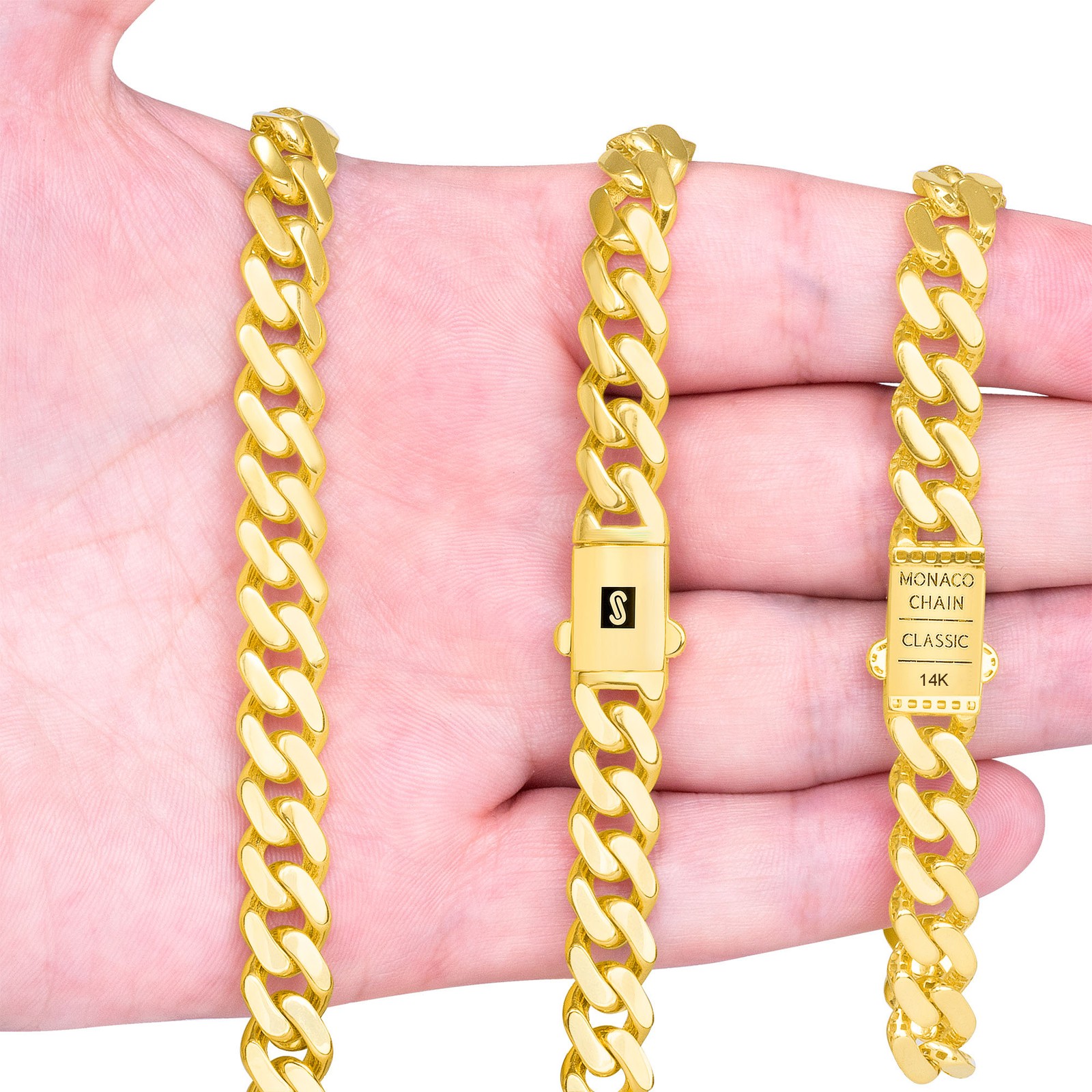 14k Yellow Gold Miami Cuban 9mm Monaco Chain Bracelet Mens Womens 7″ 7.5″ 8″ 9″