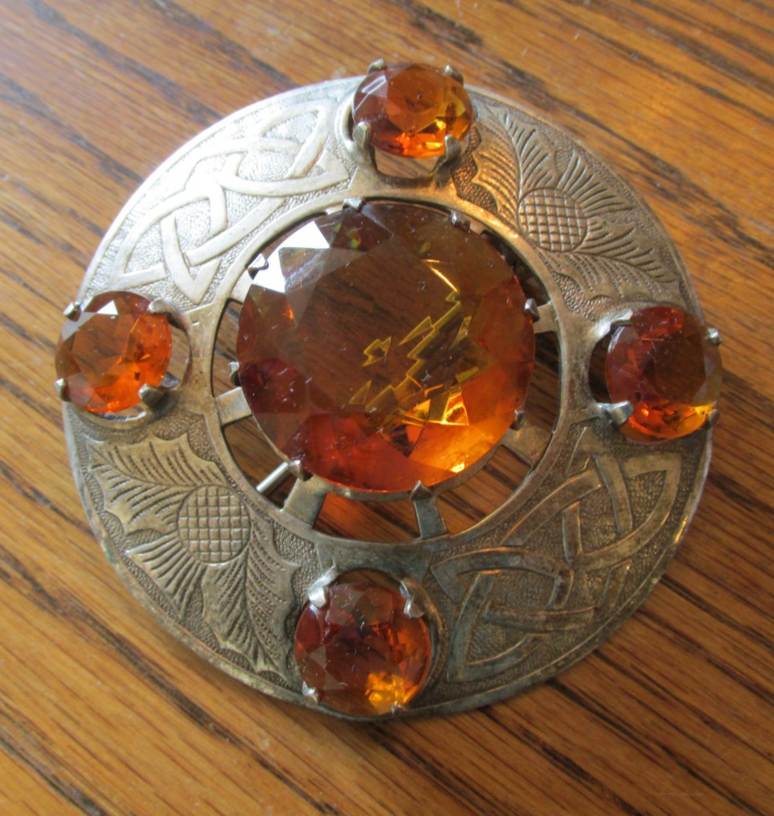 Vintage Oversized Cairngorm 5 Stone Scottish Thistle Brooch Great Britain Silver