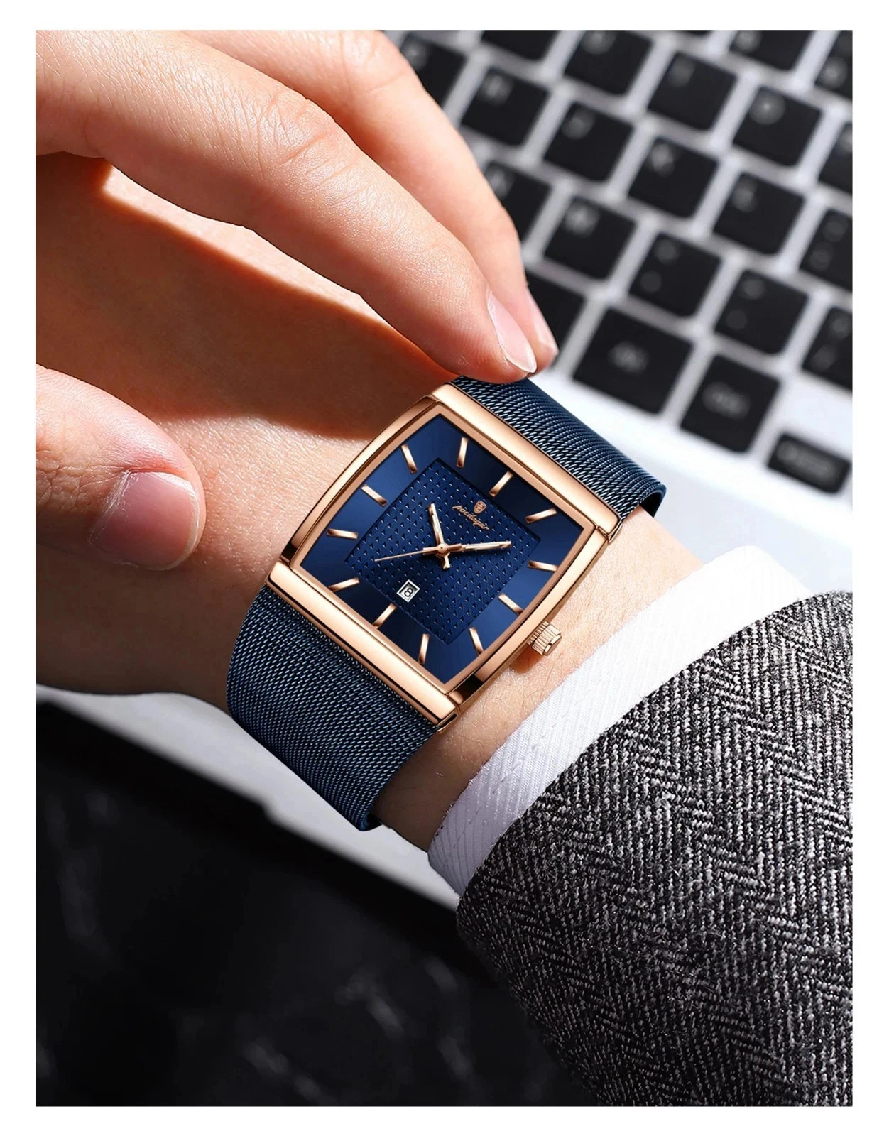Luxury Men’s Watch Rectangle Steel Mesh Waterproof Luminous Date Quartz