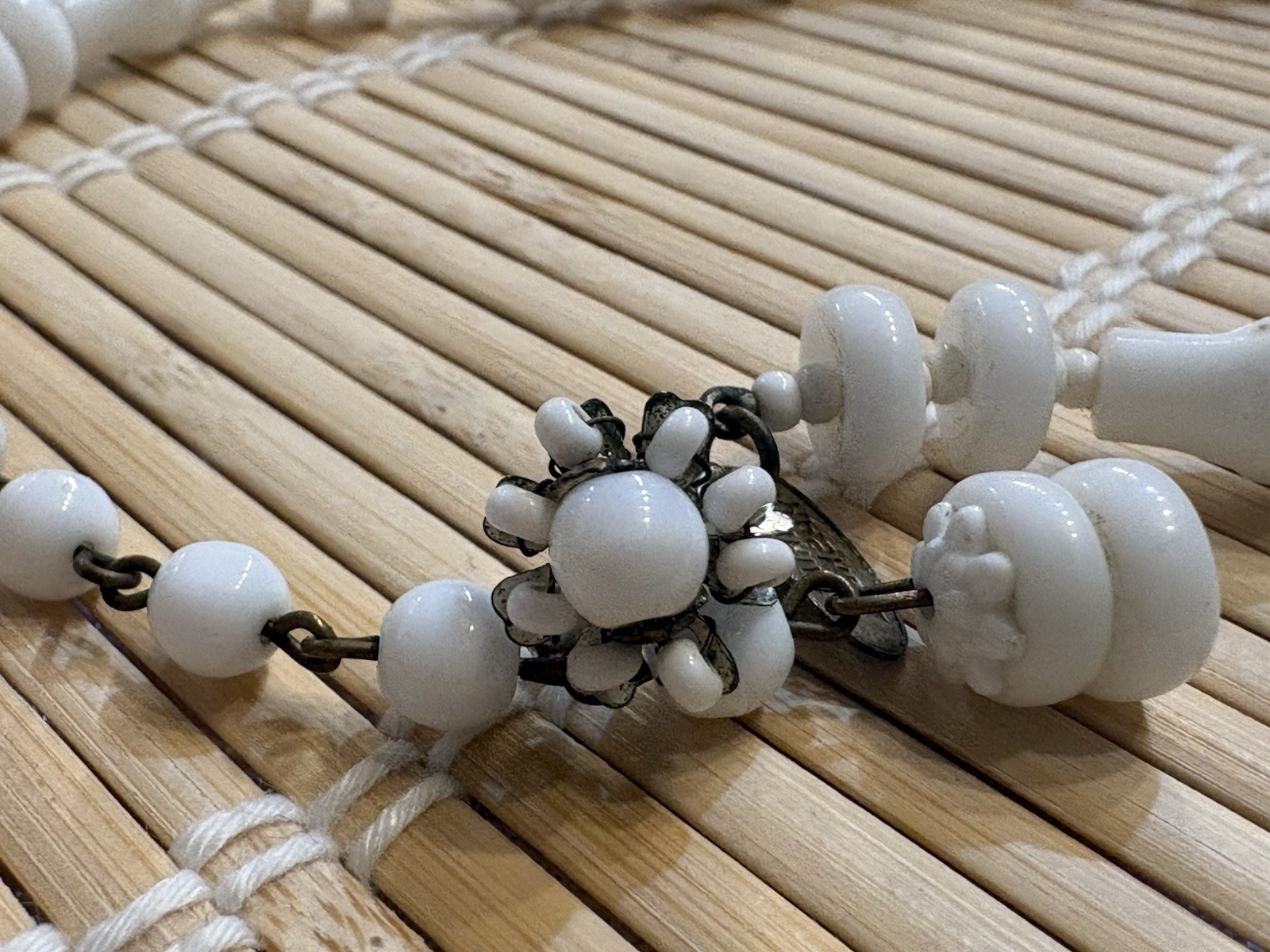 Vintage MIRIAM HASKELL White Bamboo Beaded Necklace Bib Ladder 12” Signed