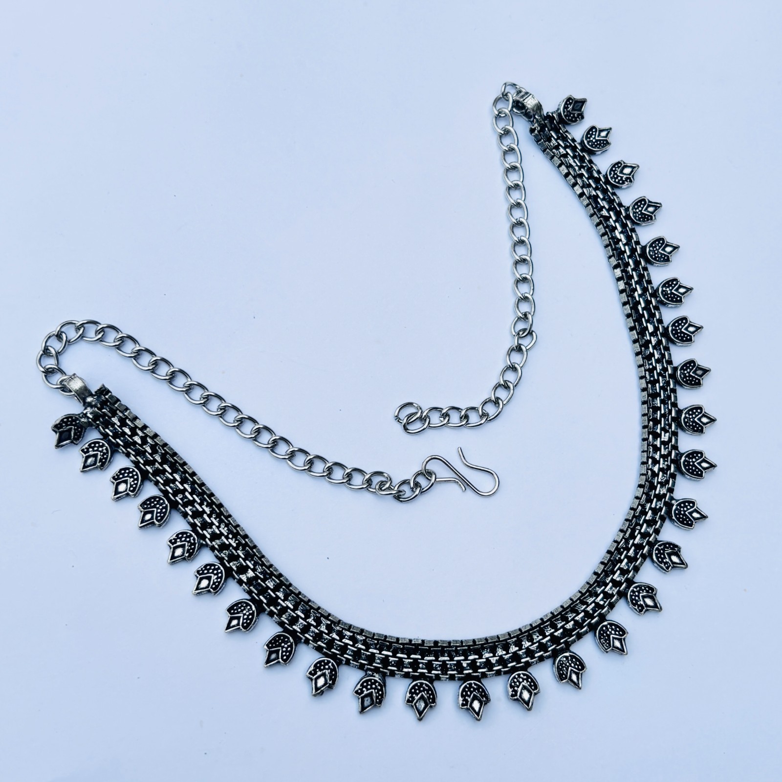 Indian Oxidized Silver Plated Choker Necklace Set With Earring And Nose Pin