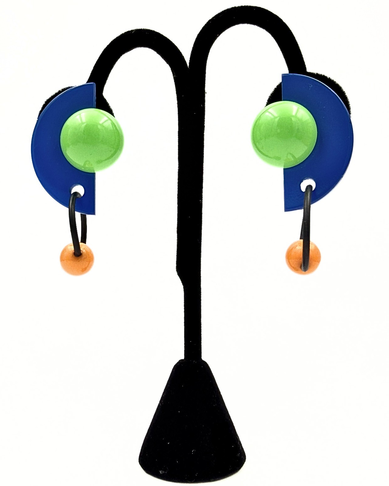 Vintage MCM Blue Green Orange Geometric Lucite Dangle Clip Earrings