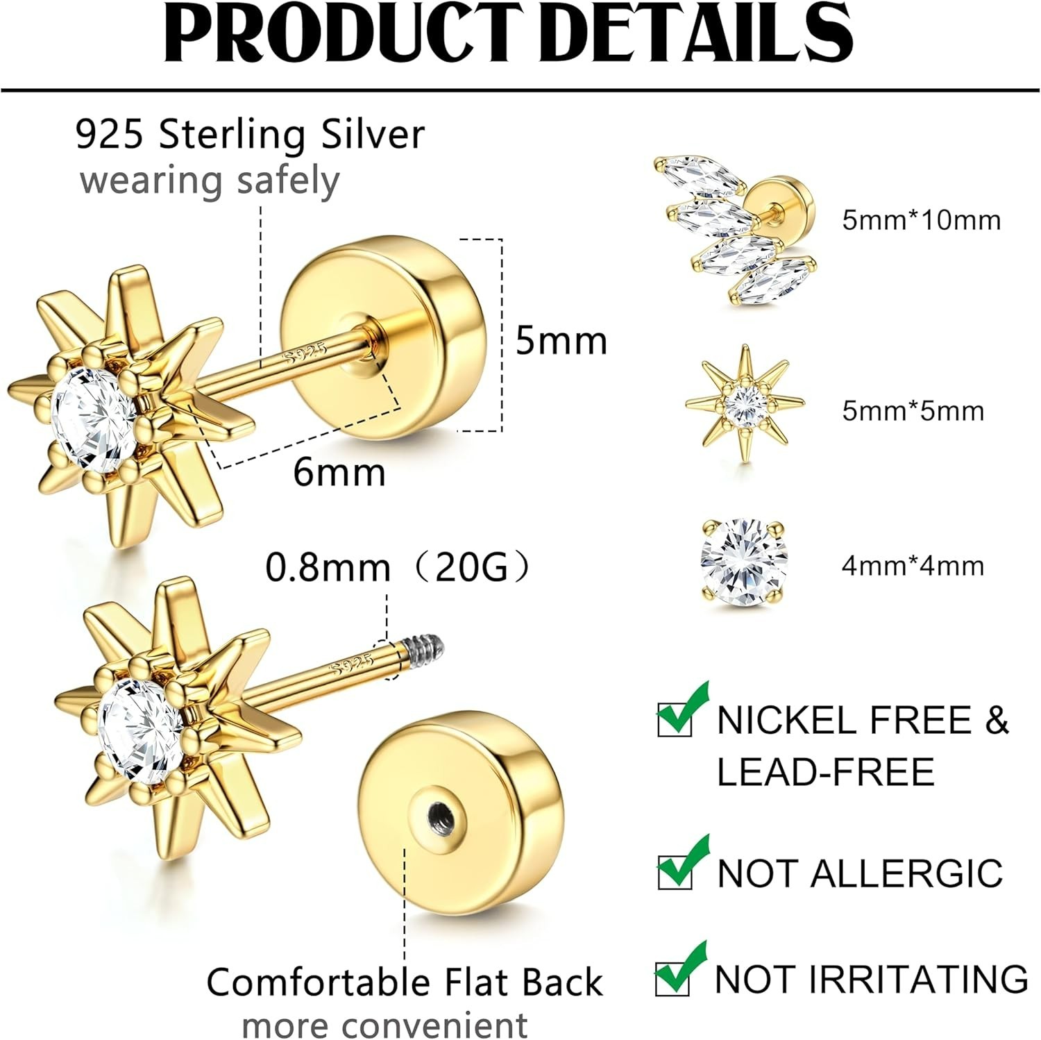 14K Gold Plated Hypoallergenic Sterling Silver Ear Studs for Sensitive Ears