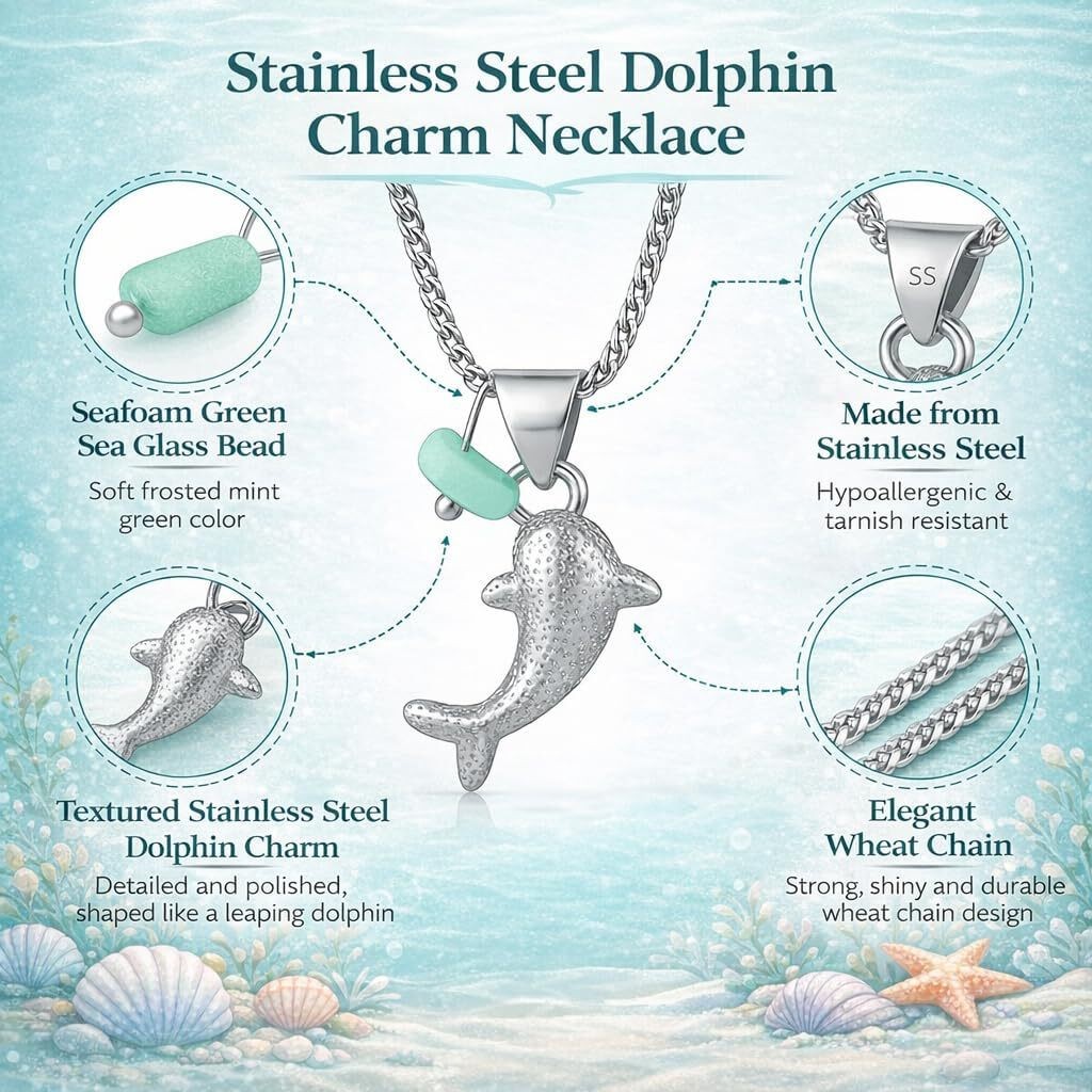 Stainless Steel Dolphin Necklace with Blue Sea Glass Accent