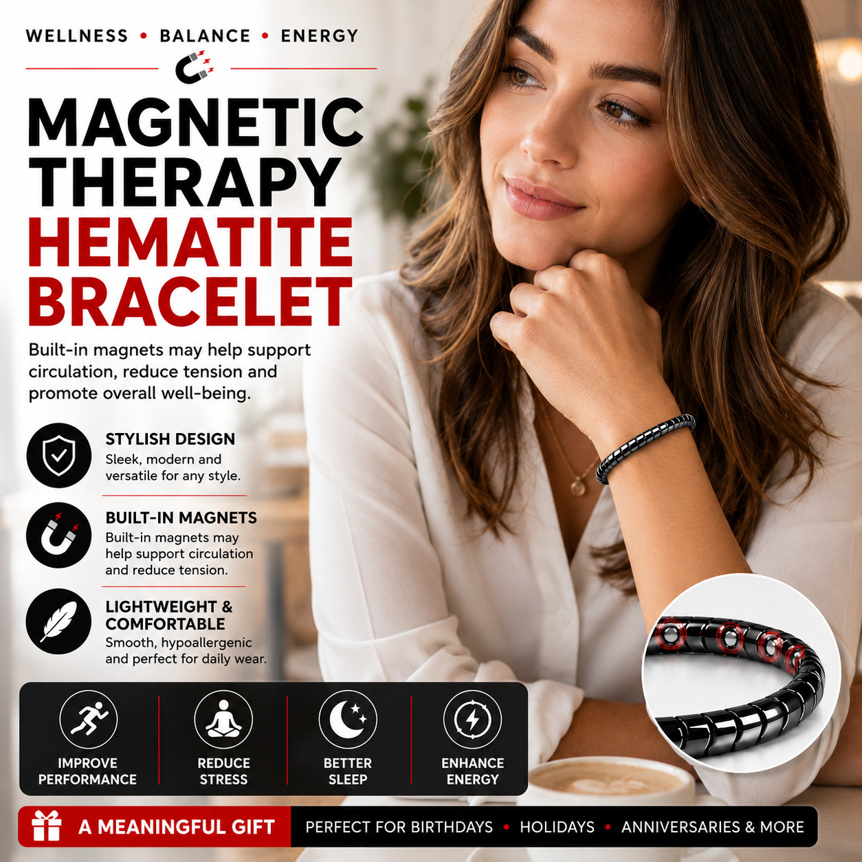 Magnetic Therapy Hematite Bracelet 8mm Beads for Men and Women