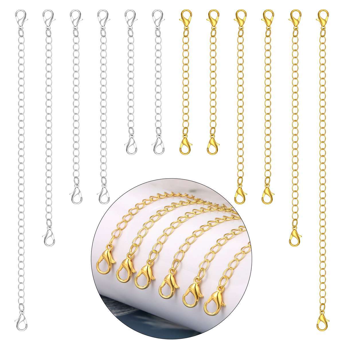12 Pcs Extender Safety Chain Extender Necklace Bracelet Lobster Lock 2″ 3″ 4″ 6″