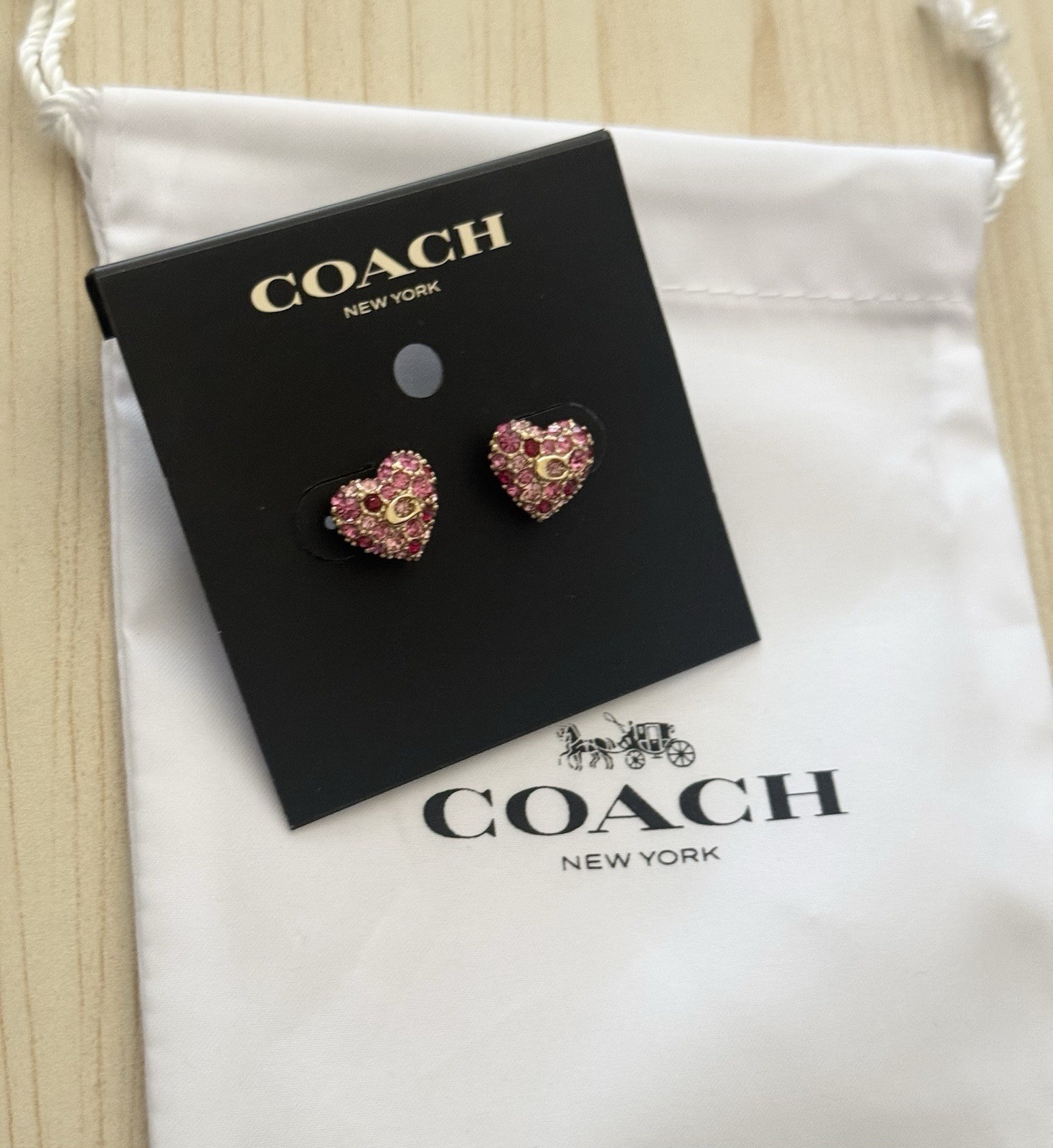 NWT Coach Pavé Heart Stud Earrings with dust bag Gold/Pink Limited Edition