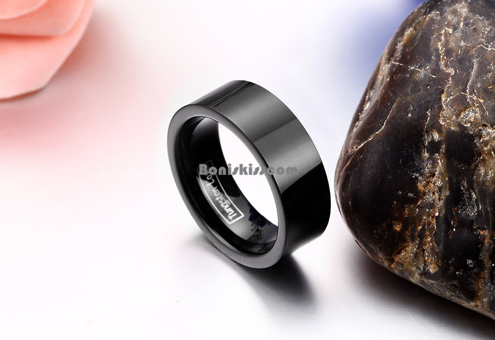 8mm Black Comfort Fit Tungsten Carbide Men’s Ladies Ring Flat Wedding Band