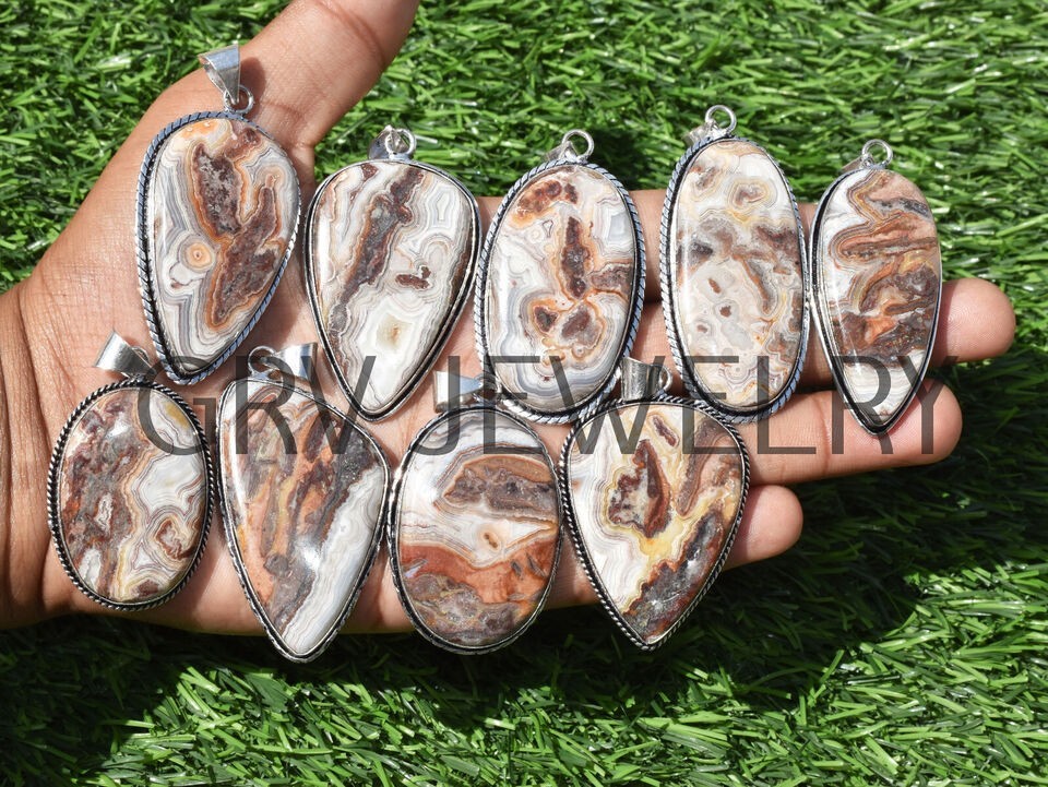 1-500 Pcs Crazy Lace Agate Pendant Wholesale Lot Bulk: Silver Plated WH-23