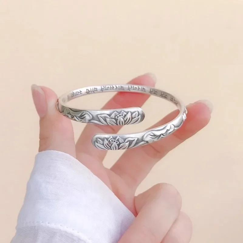Vintage 925 Thai Silver Lotus Flower Cuff Bracelet for Women Om Mani Padme Hum B