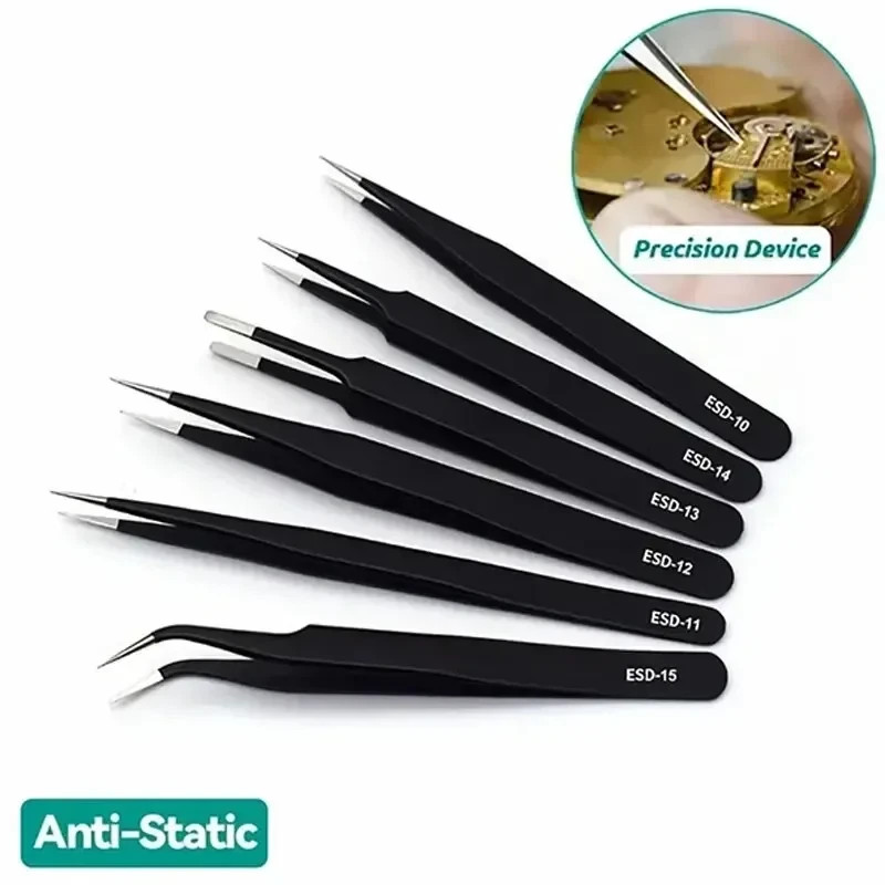6Pcs ESD Anti-static Tweezers Set Maintenance Repair Stainless Steel Tools Kit