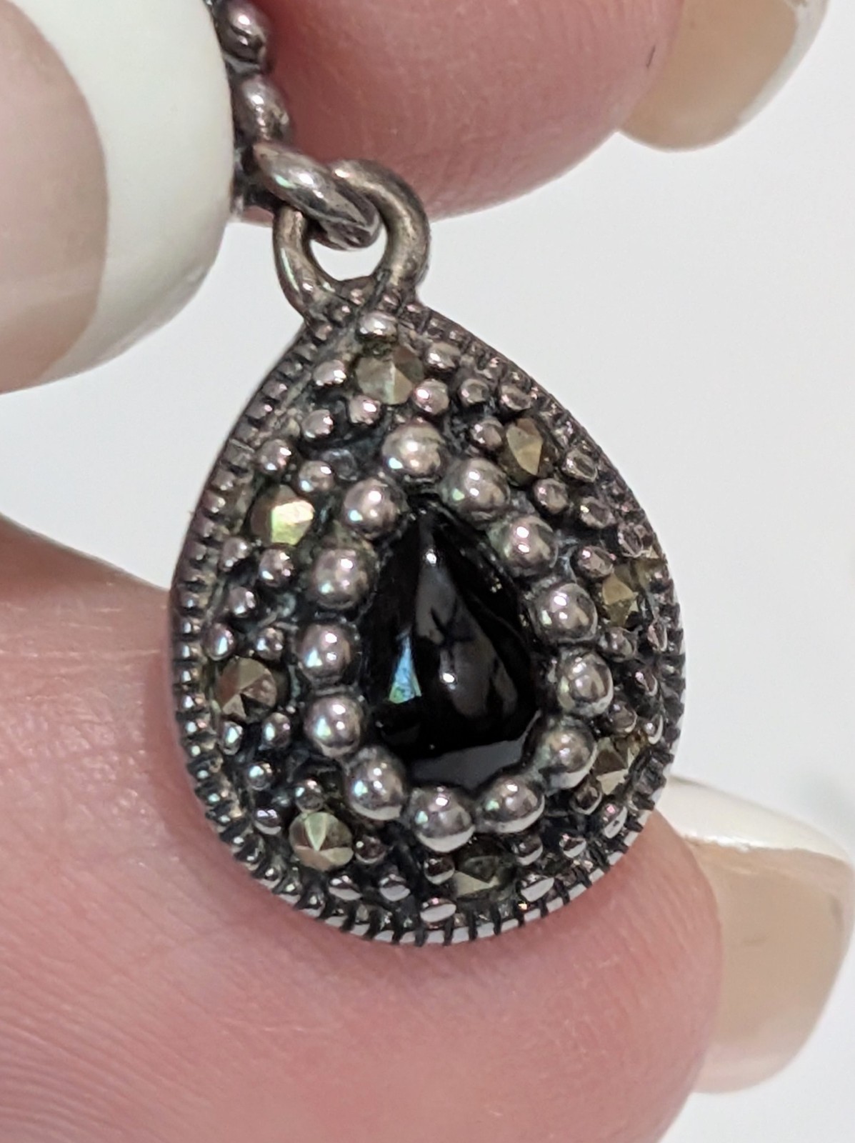 Vintage Sterling Silver Onyx Marcasite Dangle Drop 1″ Earrings 925 A Thailand