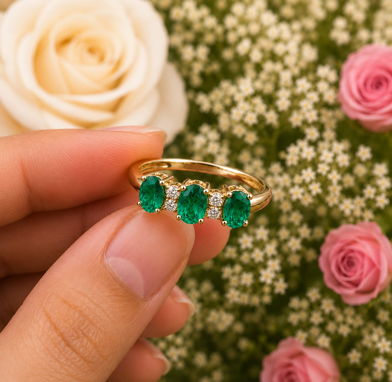 2Ct Oval Cut Lab Created Green Emerald Three-Stone Ring 14K Yellow Gold Plated