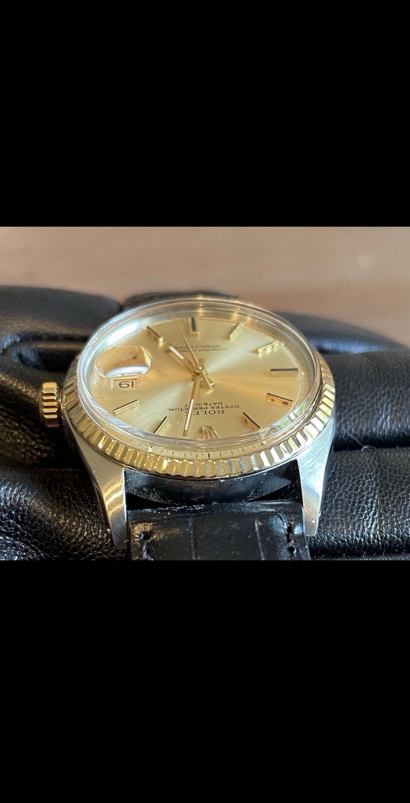Rolex Date 1601 Mens Stainless Steel 18K Gold Watch Leather Band Champagne Dial