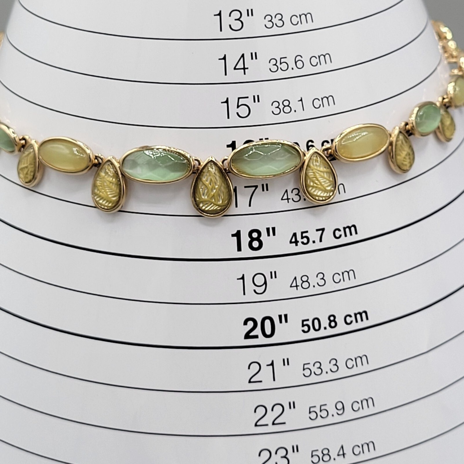 Gold Tone Pea Green Cabochon Teardrop Necklace Foil Backed Lobster Clasp 16 in