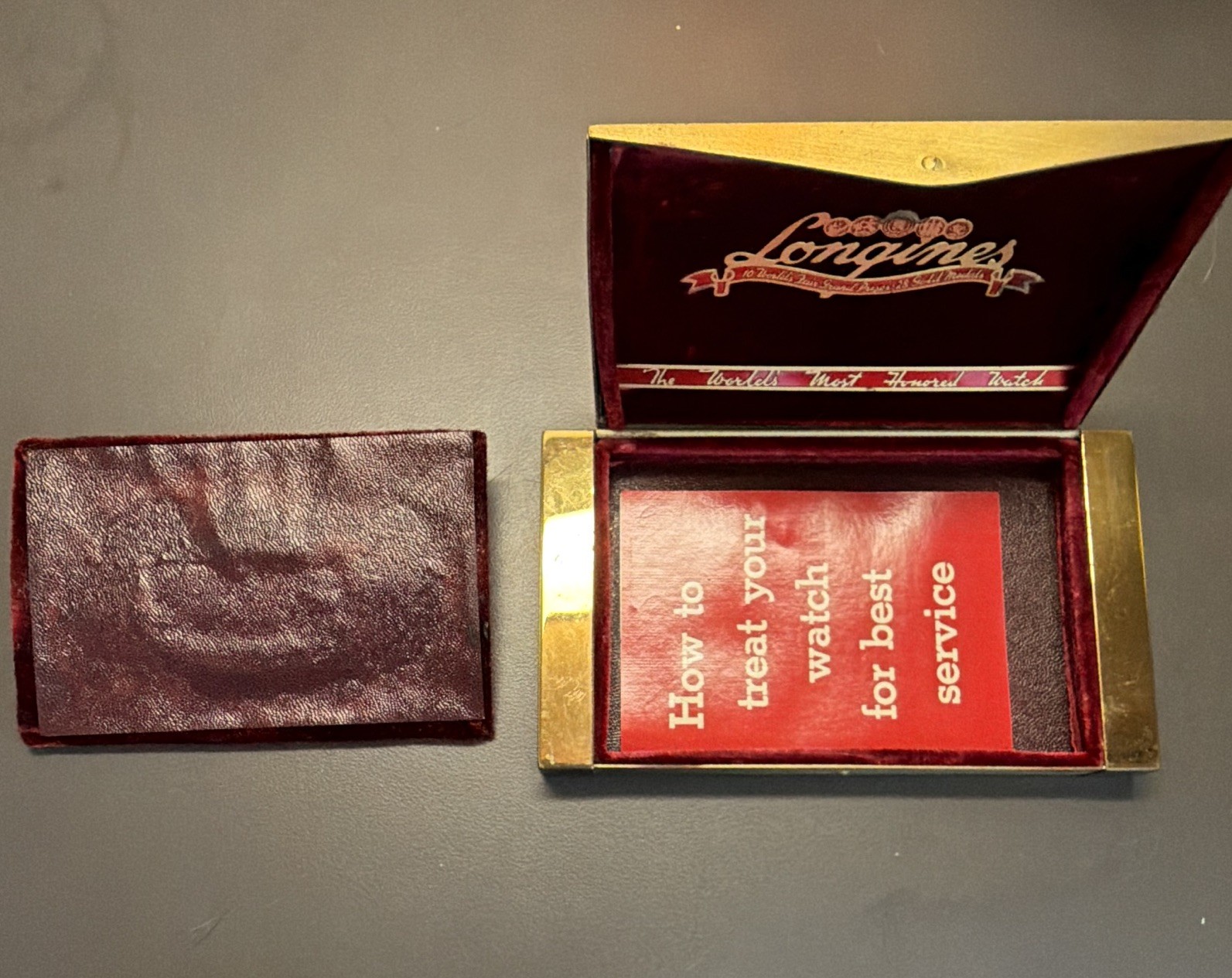 Vintage Longines Watch Box Red Velvet Metal Coffin Case Worlds Most Honored Empt