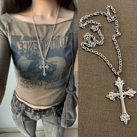 Stainless Steel Necklace Hip Hop Street Creative Cross Pendant Necklace Sweater