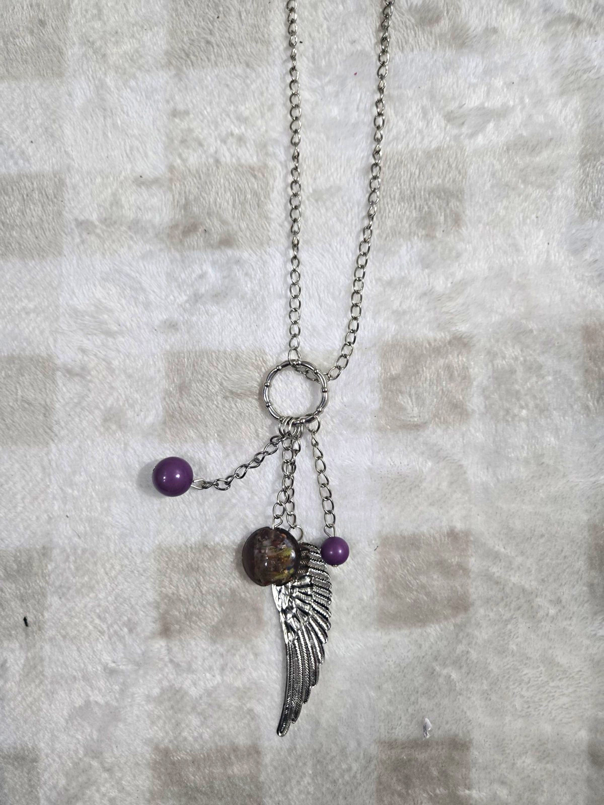 Paparazzi Silver Tone Angel Wing Charm Necklace with Purple Bead Dangles
