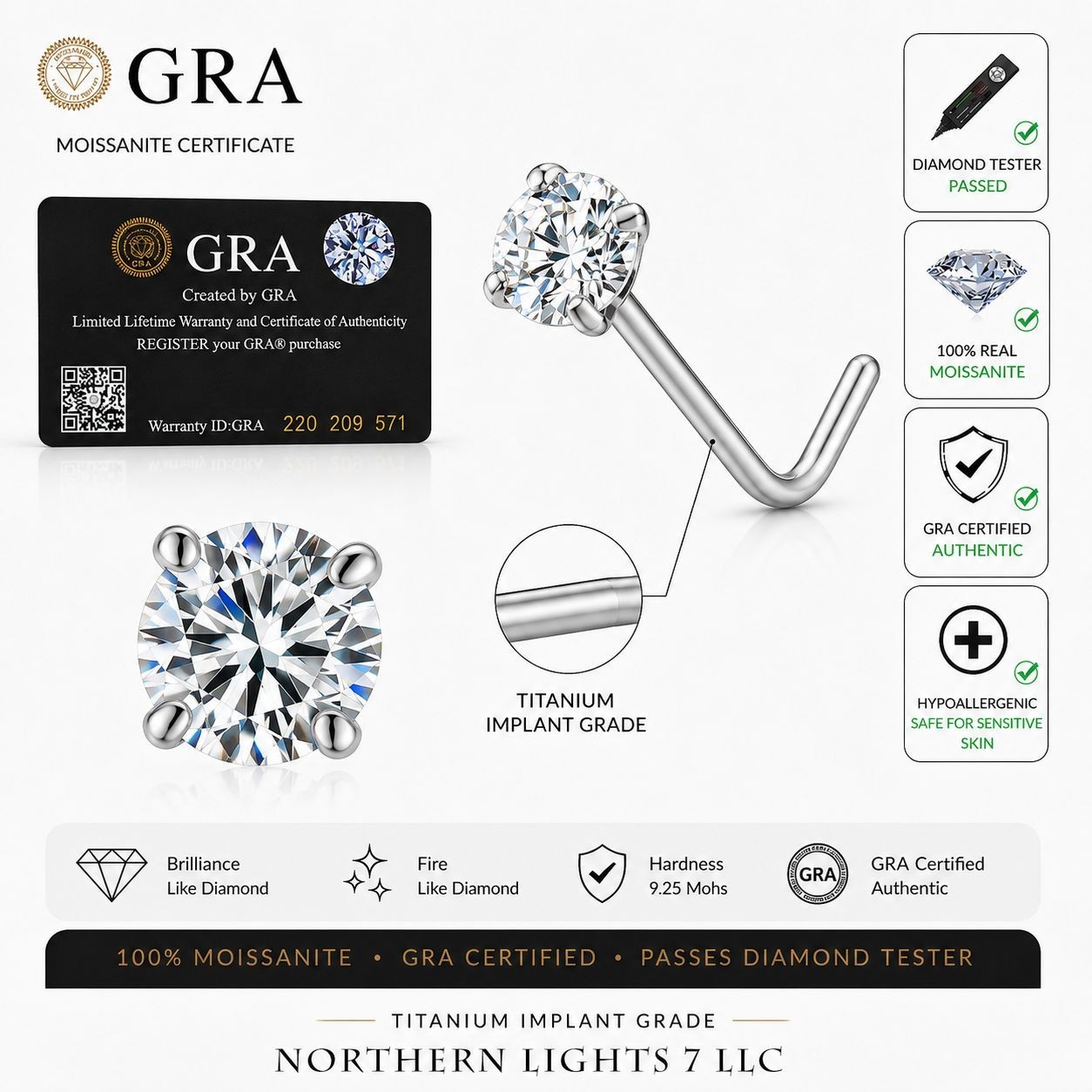 Moissanite Titanium Nose Stud L shape 18 Gauge comes with GRA certificate card