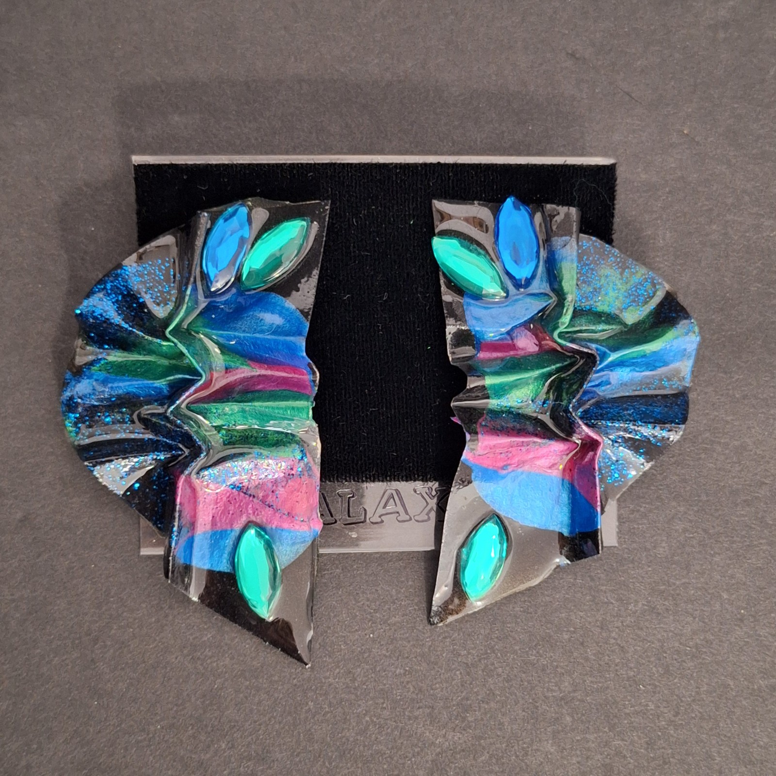 Galaxy Earrings Very Light Weight Blue Green Pink Crystals Space Statement