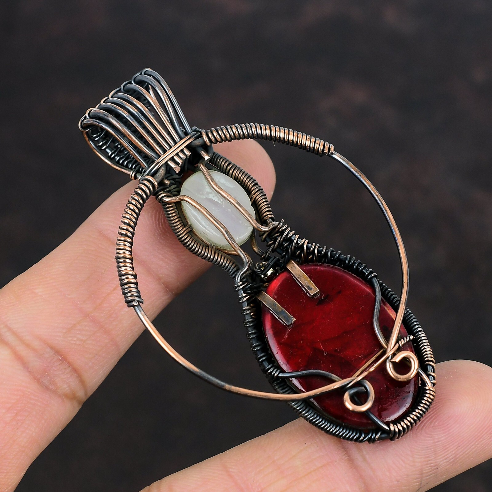 Gift For Her Red Fire Labradorite Wire Wrapped Pendant Copper Jewelry 2.95″