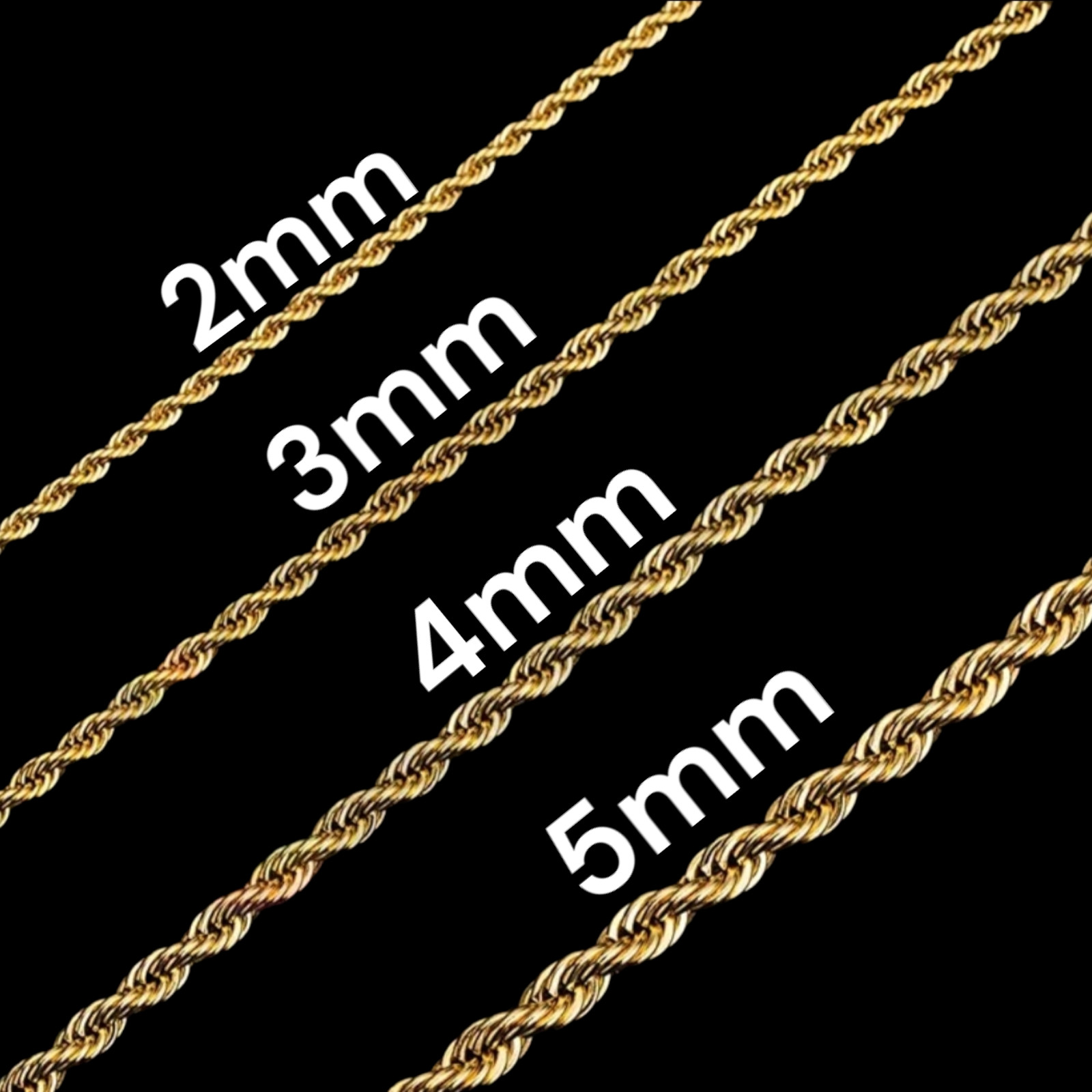 Stainless Steel Gold Plated Rope Chain 2,3,4,5mm Unisex, Hip Hop Jewelry 16-24″