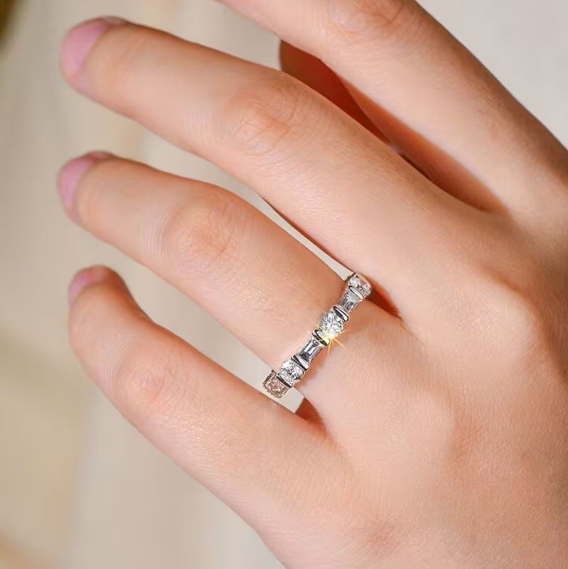 Full Eternity Moissanite Band Ring Round & Baguette 14K Yellow Gold Wedding Band