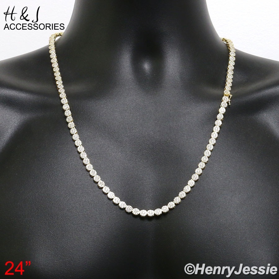 MEN 925 STERLING SILVER 18″-30″X5MM GOLD PLATED 1 ROW CZ CLUSTER NECKLACE*GN15