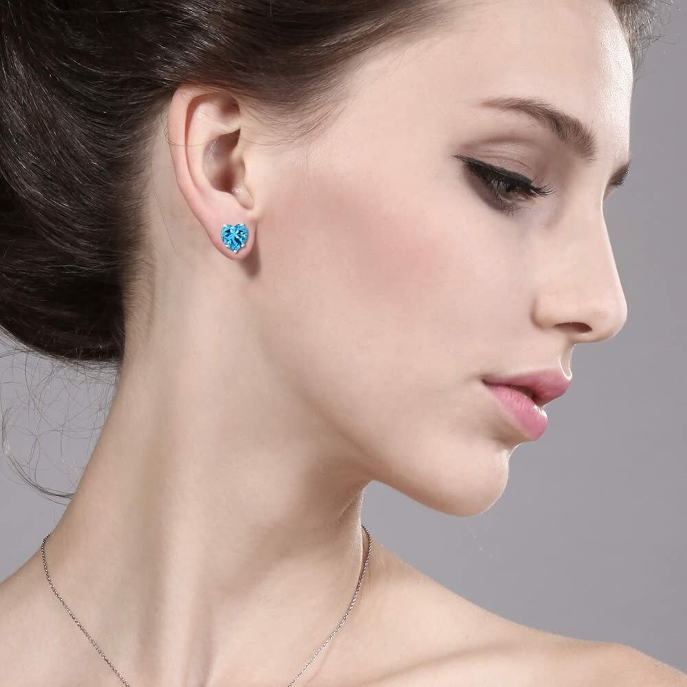 925 Sterling Silver Blue Topaz Heart CZ Shaped Stud Earrings 5MM Cubic Zirconia