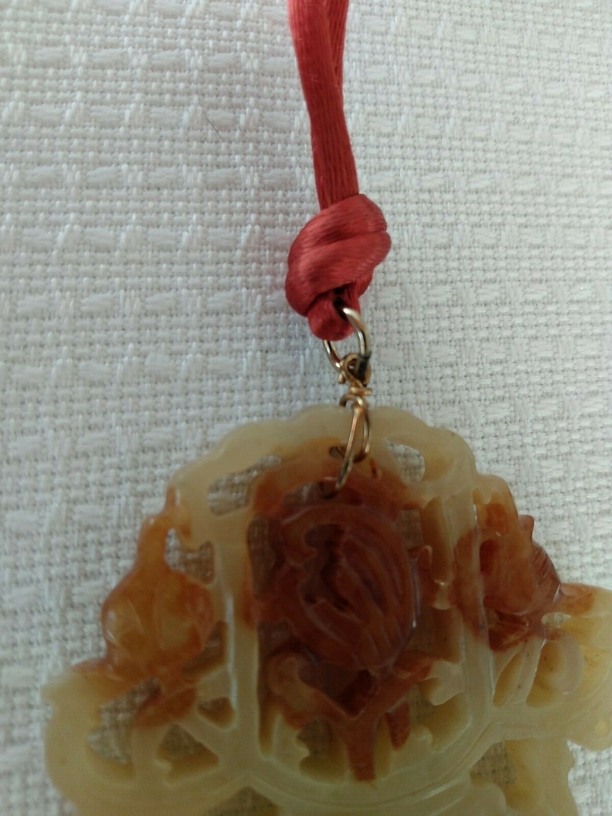 2 Estate Carved Green & Orange/Tan Fine Jade Floral Large Pendant Cord Necklaces