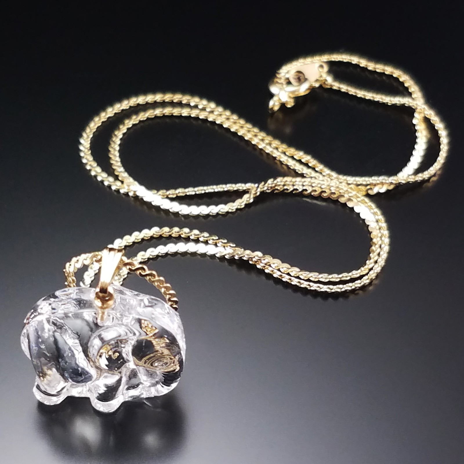 Vintage Crystal Elephant Charm Necklace Gold Plated Herringbone Chain Jewelry