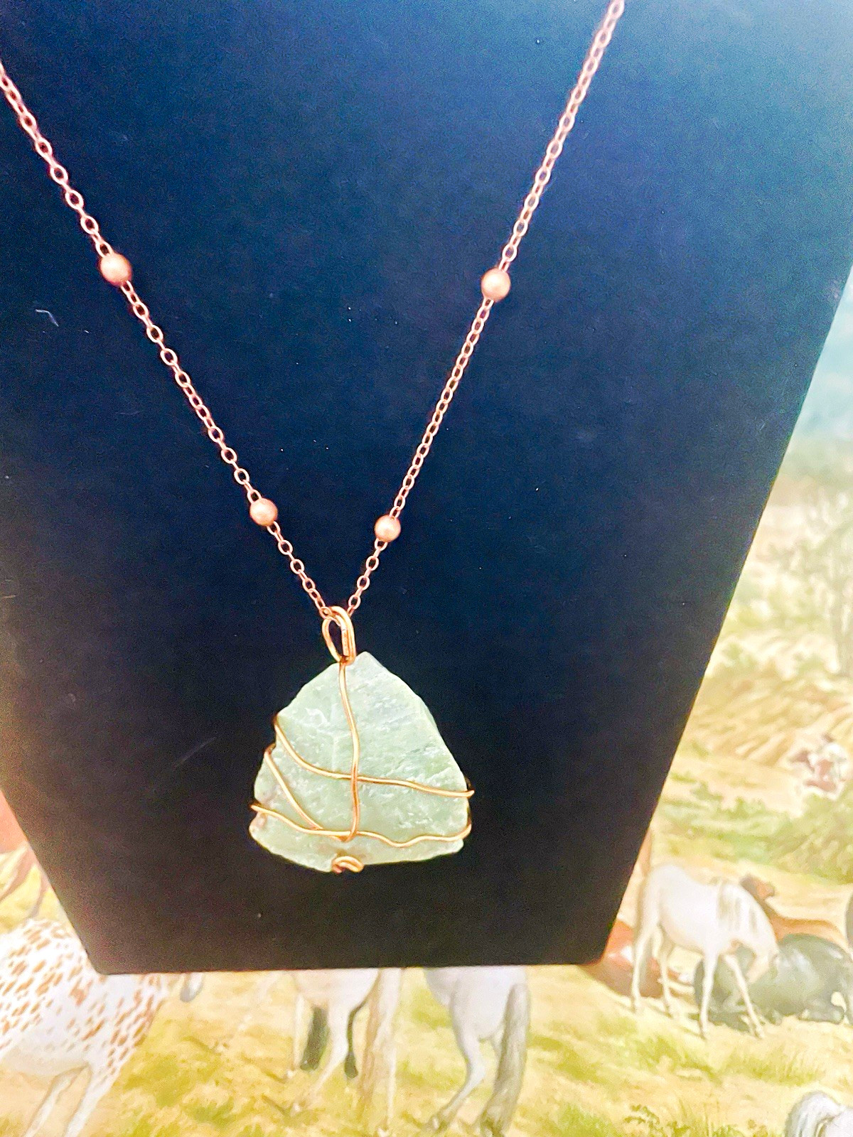 Gold Tone Wire Wrap Green Sea Glass Freeform Charm Pendant Cable Chain Necklace