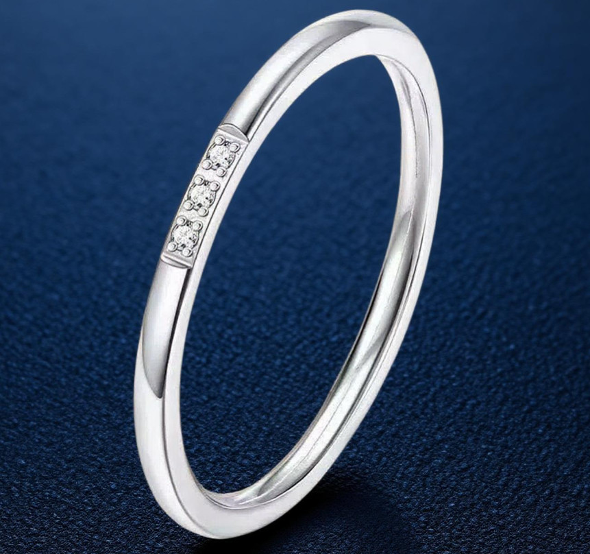 Minimalist 2mm Three CZ Anniversary Ring Women Girl Stainless Steel Promise Band