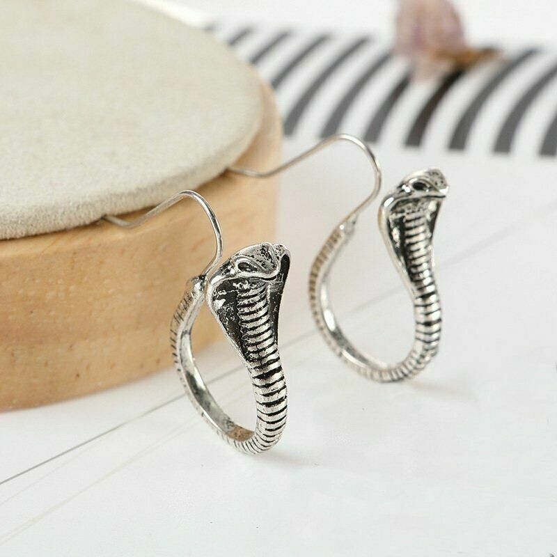 Elegant Silver King Cobra Snake Earrings, Fashion Jewelry Charm Hook Earrings