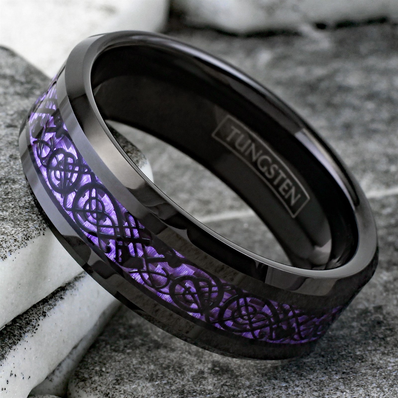8mm Black Tungsten Carbide Purple Carbon Fiber Celtic Dragon Wedding Band Ring