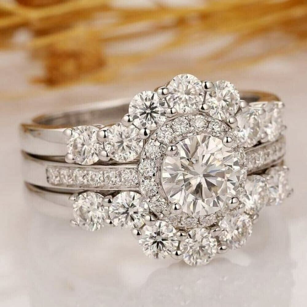 3 Ct Round Simulated Engagement Trio Bridal Ring Guard Set 14K White Gold Plated