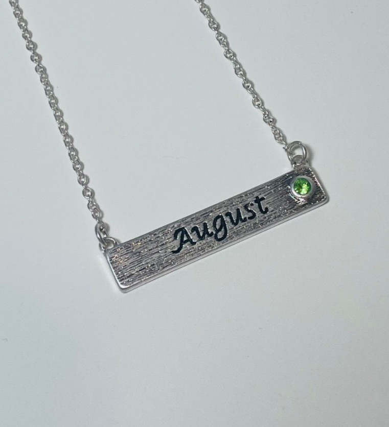 Personalized August Birthstone Necklace Bar Pendant Dainty Silver Plated