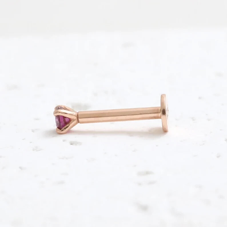 Real 0.04Ct Round Cut Red Ruby Nose Stud Screw Ring Piercing Pin 14K Rose Gold