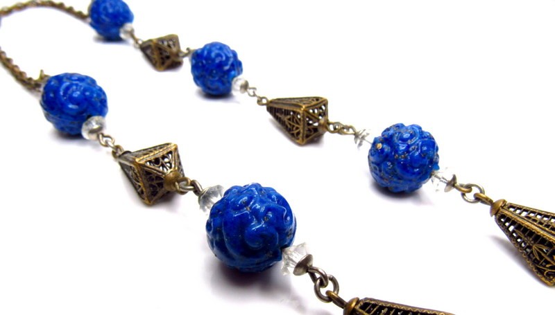 Art Deco Neiger Carved Lapis Glass Necklace