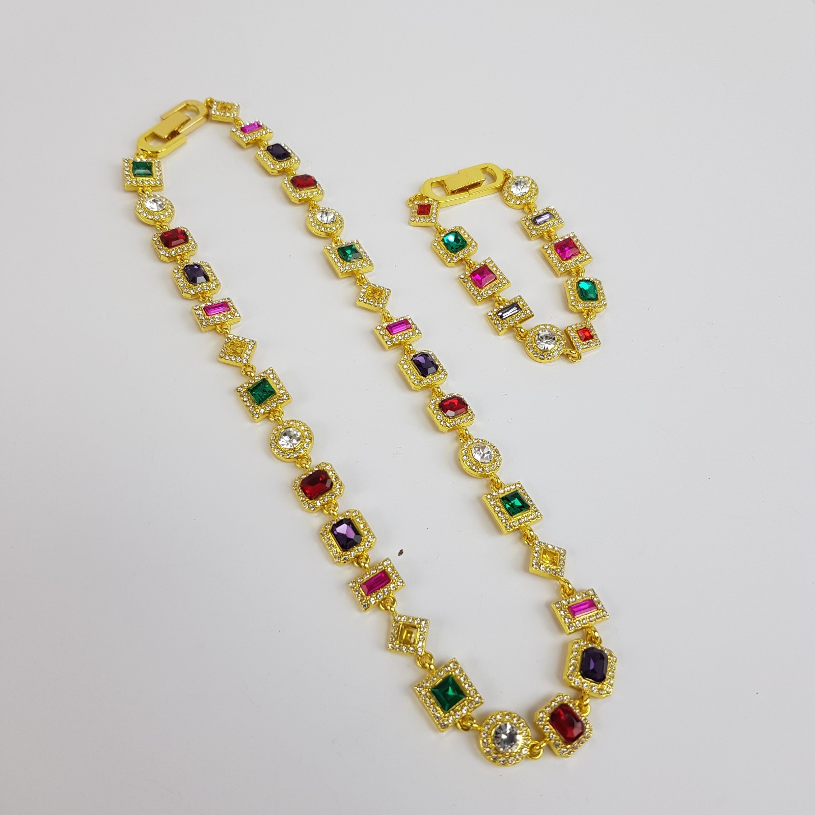NEW Gold Toned Multi Coloured Gem Halo Set Necklace & Bracelet Set Unboxed