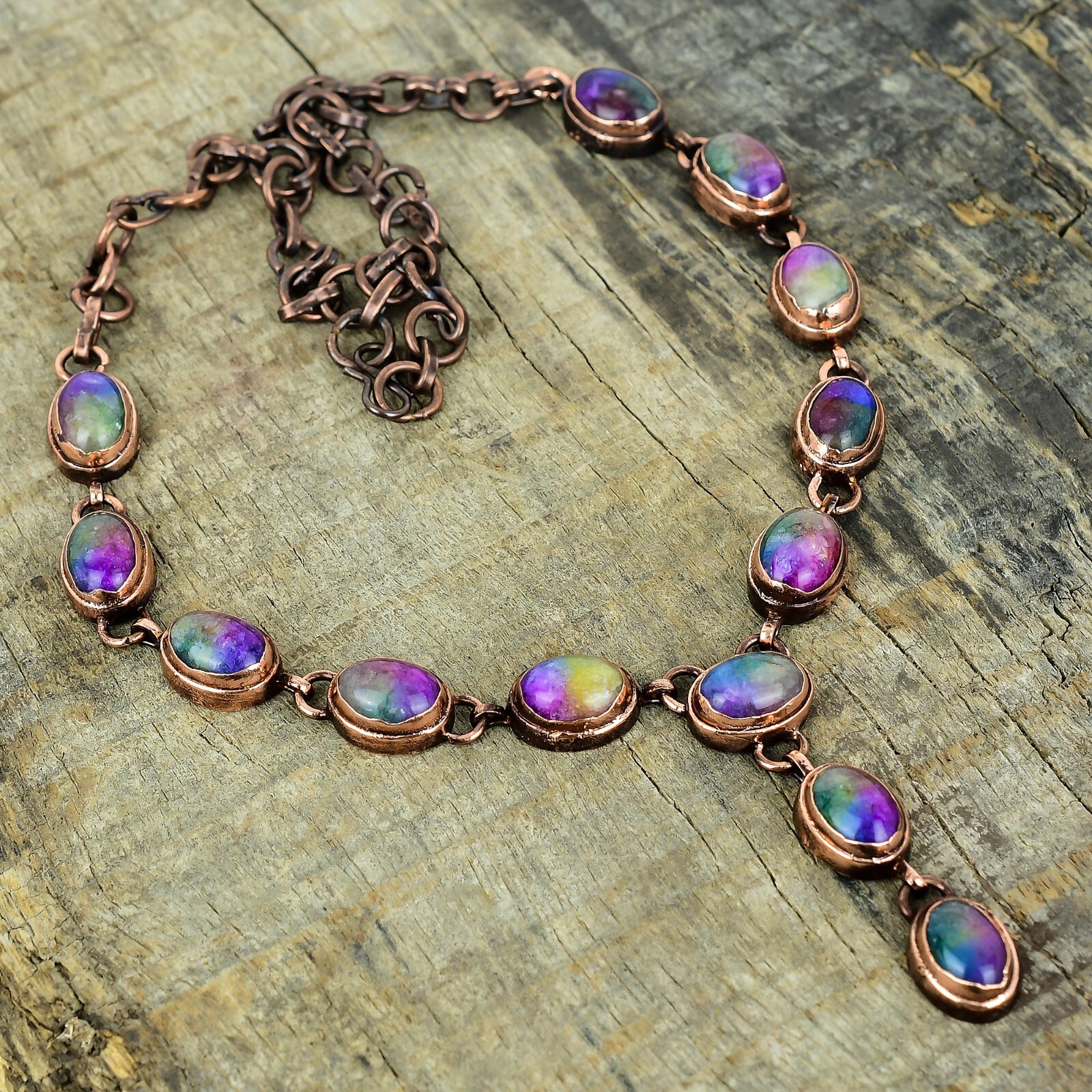 Natural Rainbow Solar Quartz Druzy Electroformed Chain Necklace Jewelry Copper