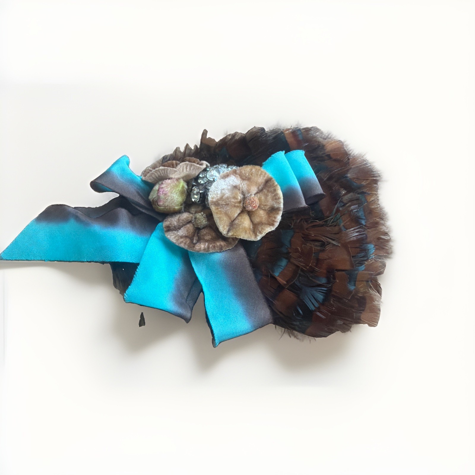 Feather Velvet And Crystal Brooch Pin