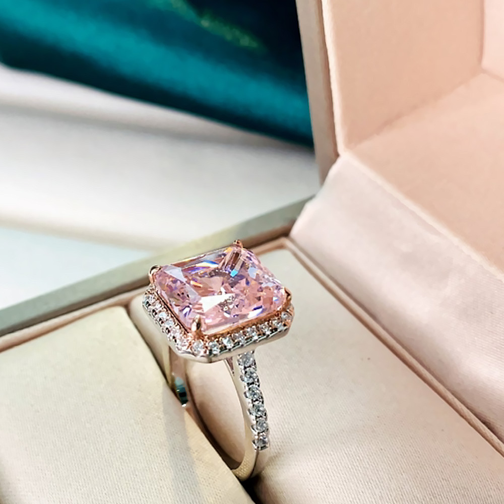 14K White Gold Wedding Ring Lab Created Pink Sapphire Diamond 4.40 Carat Radiant