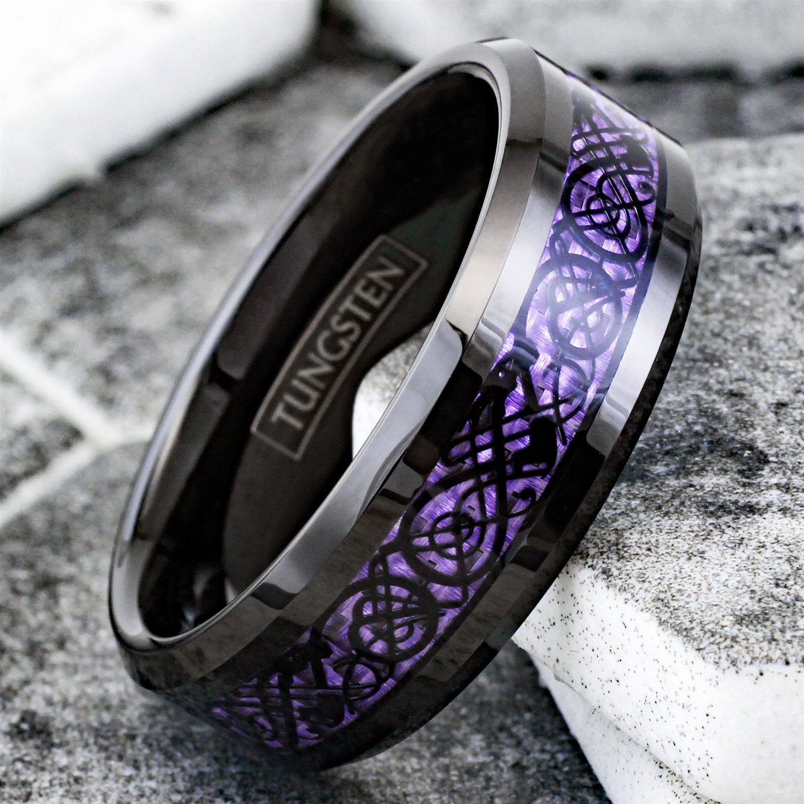 8mm Black Tungsten Carbide Purple Carbon Fiber Celtic Dragon Wedding Band Ring